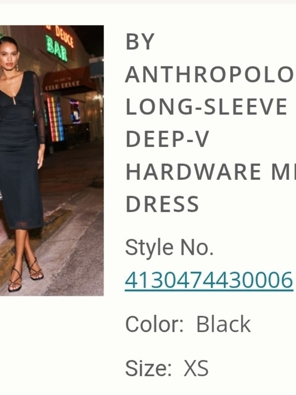 Anthropologie Black Long-Sleeve Deep-V Midi Dress